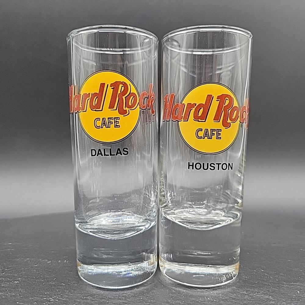 Lot of 2 Texas Hard Rock Cafe Shot Glasses Houston Dallas Shooters 4" Tall
